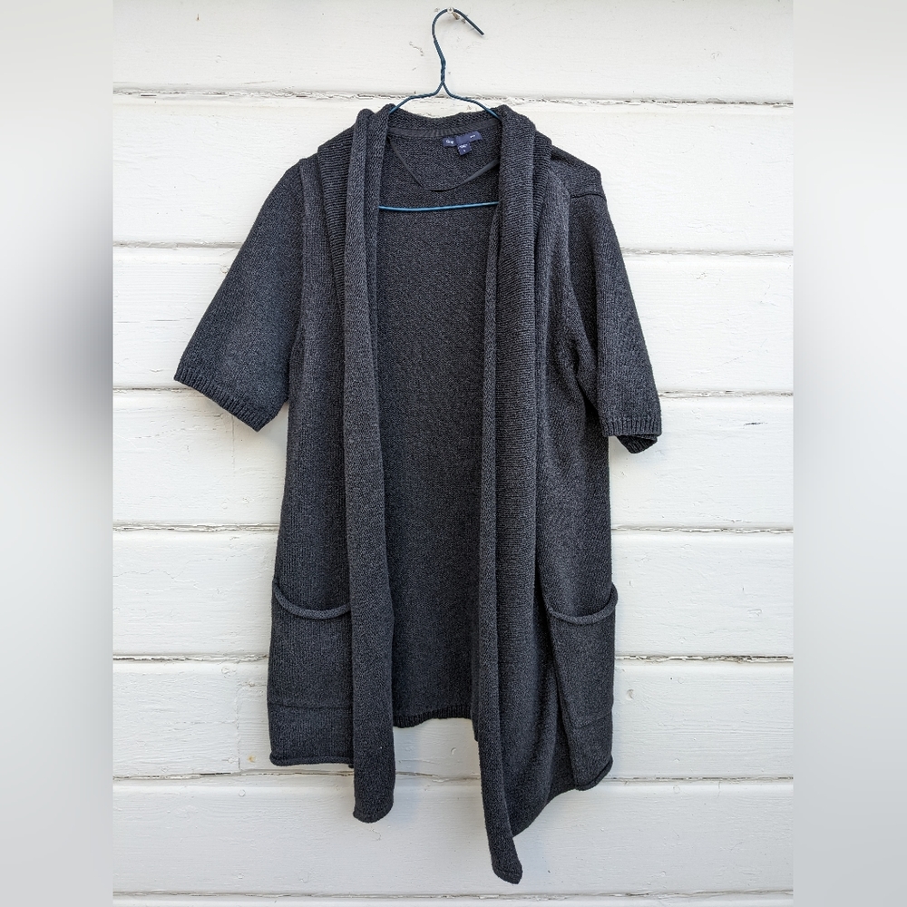 Gap Short Sleeved Long Cardigan Cotton and Wool Charcoal